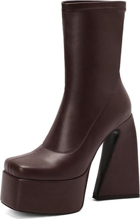 Generic Womens Platform Block Heel Sock Boots Square Toe Faux Leather Stretchy Ankle High Stylish Comfortable For Night Out Party And Daily Wear,Brown,4.5 UK