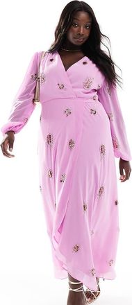 Hope & Ivy embellished wrap dress with tie waist and blouson sleeve in pink