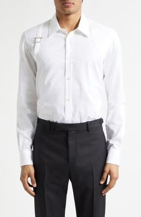 Alexander McQueen Harness Strap Skull Print Cotton Poplin & Piqu&eacute; Button-Up Shirt in White at Nordstrom, Size 15.5