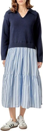 English Factory Mixed Media Long Sleeve Midi Dress in Navy Blue Stripes at Nordstrom, Size X-Small