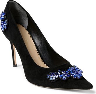 Cinq &agrave; Sept Appliqu&eacute; Pointed Toe Pump in Black/Blue Crystal at Nordstrom, Size 8.5Us
