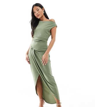 Tfnc Petite Bridesmaid slash neck maxi dress with ruching detail in dark green