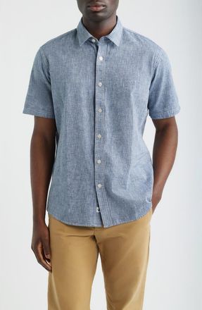 James Campbell Formosa Regular Fit Short Sleeve Cotton & Linen Sport Shirt in Navy at Nordstrom, Size Xx-Large