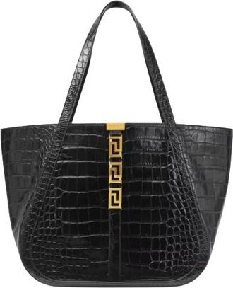 Versace Black Croc Embossed Leather Large Greca Tote Bag