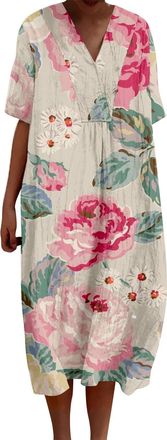 Generic Casual Dresses for Women Summer Casual Flowing Dress with Pockets V Neck Dress Features: Formal Jackets for Women (Watermelon Red 2, XXL)