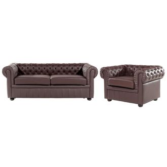 Beliani Conjunto De Sof&aacute;s Para Sal&oacute;n Chesterfield Tapizado En Cuero Marr&oacute;n Con Patas De Madera Oscura Sof&aacute; 3 Plazas Y Un Sill&oacute;n Chesterfield