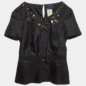 Roberto Cavalli Black Bead Embellished Synthetic Pleated Top