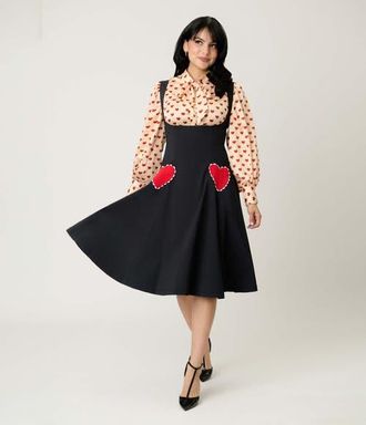 Unique Vintage Amma Swing Skirt in Black W/red Hearts at Nordstrom, Size X-Small