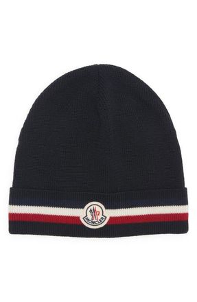 Moncler Tricolor Stripe Ribbed Wool Beanie in Navy Blue at Nordstrom