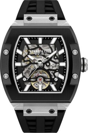 Kenneth Cole Skeleton Tonneau Automatic Silicone Strap Watch, 41.5mm x 53.5mm in Black at Nordstrom