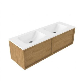 Saniclass Holz Frame Badkamermeubelset - 140x45x57.5cm - Torino solid surface wastafel wit - zonder kraangat - 2 lades - mat eiken natural (hout)