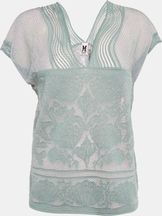 M Missoni Teal Blue Lures Knit V-Neck Top