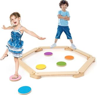 Costway Costway - Barra De Equilibrio De Madera Y Piedrecita, Carrera De Obst&aacute;culos De Gimnasia Para Ni&ntilde;os De 12 Piezas, Juguete Montessori De Madera Para Int