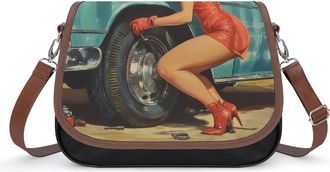 Generic 1950s Vintage Pin-up Fixing Flat Tire Womens Crossbody Bag Fashion Shoulder Handbags Message Tote Bag with Adjustable Strap