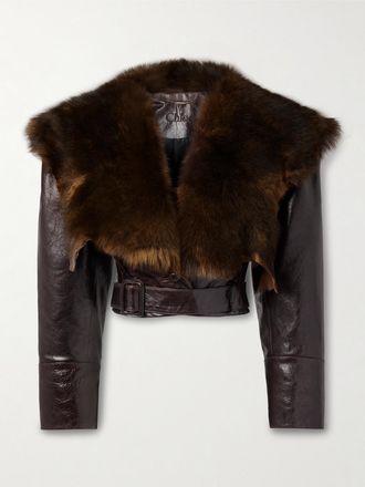 Chloé Giacca Cropped In Pelle Lucida Con Finiture In Shearling E Cintura - Marrone