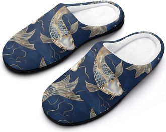 Generic Japanese Fish Gold Navy Blue Mens Slippers Slip On Comfortable Fleece Cotton House Shoes Winter