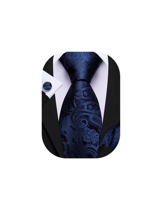 Barry.Wang Navy Blue Paisley Tie Mens Silk Necktie Pocket Square Cufflinks Set Formal Wedding Party