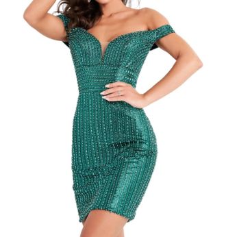 Jovani Beaded Cocktail Dress In Emerald