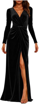 Generic Velvet Dress Women Ruched Bodycon Dress V Neck Long Sleeve Wrap Dresses Sexy Fashion Open Side Long Cocktail Dressed Ladies Elegant Evening Party Maxi