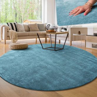 Paco Home Paco Home Alfombra Moderna Para Sal&oacute;n A Pelo Corto Lavable Suave Uni Efecto Piel Antideslizante Turquesa, &Oslash; 200 Cm Redon