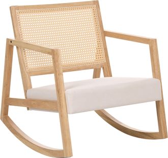 Beliani Sill&oacute;n Mecedora Tapizado Respaldo Con Trenza Vienesa Estilo Escandinavo Estructura De Madera De Caucho Tela Marr&oacute;n Claro Y Beige Claro Leidy