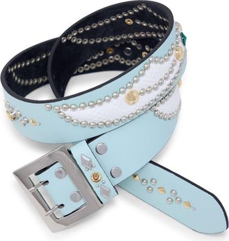 mnml Stud Leather Belt in Aqua/white at Nordstrom, Size Medium/large