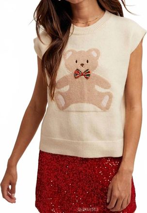 Wishlist Teddy Bear Plaid Bow Sweater Vest In Cream