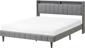 Beliani Bed with LED Fabric BEAULIEU 160 x 200 cm (EU King Size) with USB Port with Storage Dark Grey