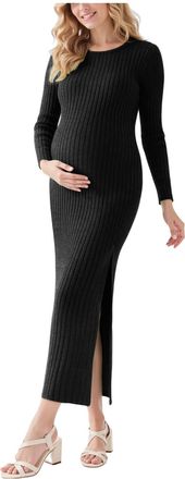 Generic Knitted Maternity Dress for Women UK Simple Solid Colour Fall Winter Ribbed WomenJumpers Long sleeves Round Neckline Nursing Clothes Slim Fit Stretch 