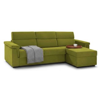 Dmora Sof&aacute; Cama Con Chaise Longue Ganzaria, Desenfundable, Almacenaje Made In Italy, Hidr&oacute;fugo, Convertible, 285x160 Cm Verde