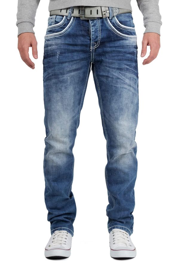 Cipo & Baxx Jeans Uomo CD394-bans – Slim Fit Blu Stone-Washed Con Cerniere Laterali E Cuciture Beige – Taglia W33/L34