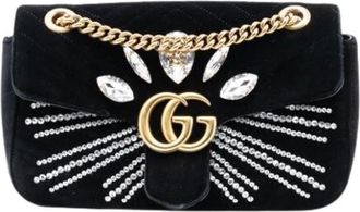 Gucci Pre-owned Cross Body Bags, female, Black, Size: ONE SIZE Pre-owned Embellished Quilted Velvet Shoulder Bag