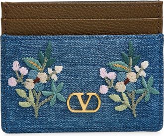 Valentino Garavani VLOGO Signature Embroidered Denim & Leather Card Case in Blue Multi at Nordstrom