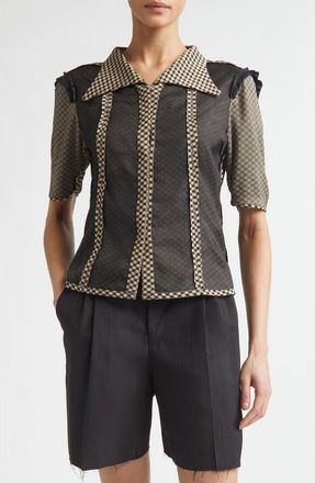 Maison Margiela Jacquard Silk Organza Mixed Media Short Sleeve Button-Up Shirt in Beige/Black at Nordstrom, Size 8 Us