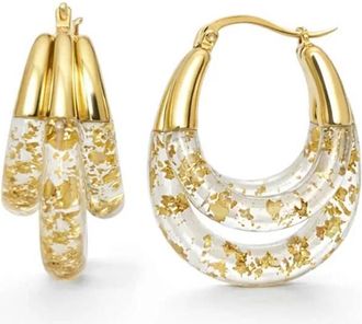 Gold & Honey Womens Triple Hoop Lucite Earrings In Clear Gold Leaf
