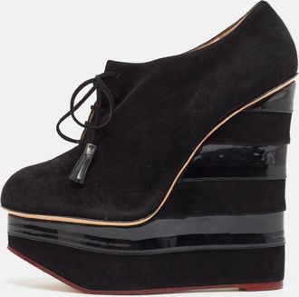 Charlotte Olympia Black Suede And Patent Leather Martha Wedge Booties