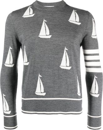 Thom Browne sail boat-motif merino wool sweater - men - Virgin Wool - 2 - Grey