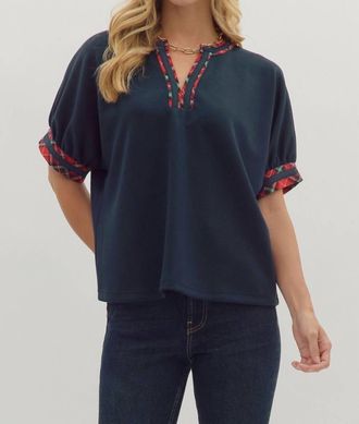 Entro Plaid Trip Top In Navy