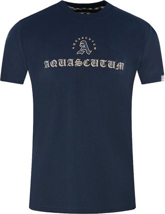 Aquascutum Mens Aquascutum Script Logo Navy Blue T-Shirt - Size: 38