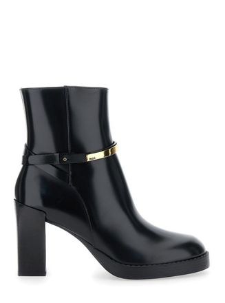 Tod's Black Ankle Boots With High Block Heel And Gold Metal Detail In Leather Woman