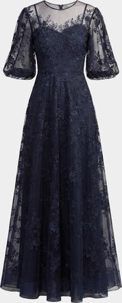 Mac Duggal Embroidered Illusion High-Neck Puff-Sleeve A-Line Gown