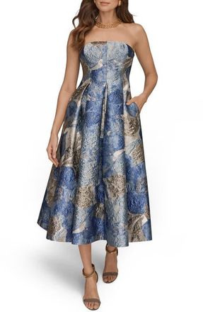 DKNY Floral Strapless Fit & Flare Midi Cocktail Dress in Washed Indigo Multi at Nordstrom, Size 14