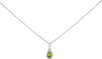 House of Brilliance 10K White Gold 5x3mm Gemstone and Diamond Accent Halo Pear Shape 18 Pendant Necklace in Green Peridot | White at Nordstrom