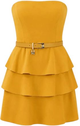 Elisabetta Franchi Korte jurk met ruches en ceintuur - Dames - Feestkleedjes - Geel - L - Polyester - Kleedjes