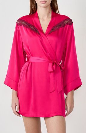 Etam Attitude Deshabille Lace Trim Satin Robe in Petunia at Nordstrom, Size X-Large
