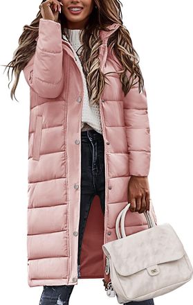 Heekpek Tuopuda Women Winter Quilted Puffer Coat Lightweight Long Down Hooded Jacket Zip Up Warm Winter Parka Coat Side Split Windproof Outerwear with Pockets