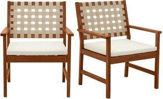 Miliboo Miliboo - Set De 2 Sillones De Jard&iacute;n De Madera Maciza Con Coj&iacute;n Blanco Y Cinchas Beige Santana