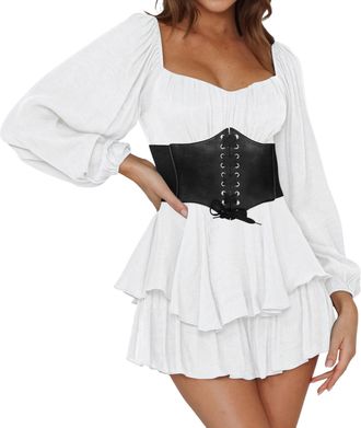 Generic White Dress for Women Pirate Dress Womens Off Shoulder Dress Puff Ruffle Dress Pirate Costume with Belt Layered Chiffon Dress Built-in Shorts Summer B