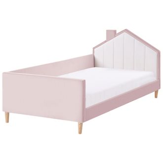 Beliani Cama Con Somier Moderna Tapizado De Terciopelo Infantil Somier De L&aacute;minas Rosa Y Blanco 90 X 200 Cm Kervan