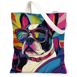 Generic Boston Terrier Dog Canvas Tote Bag for Shopping 13x15, Pop Aesthetic Funky Puppy Reusable Grocery Print Pattern Bag for Women, Cool Pet Beach Aestheti